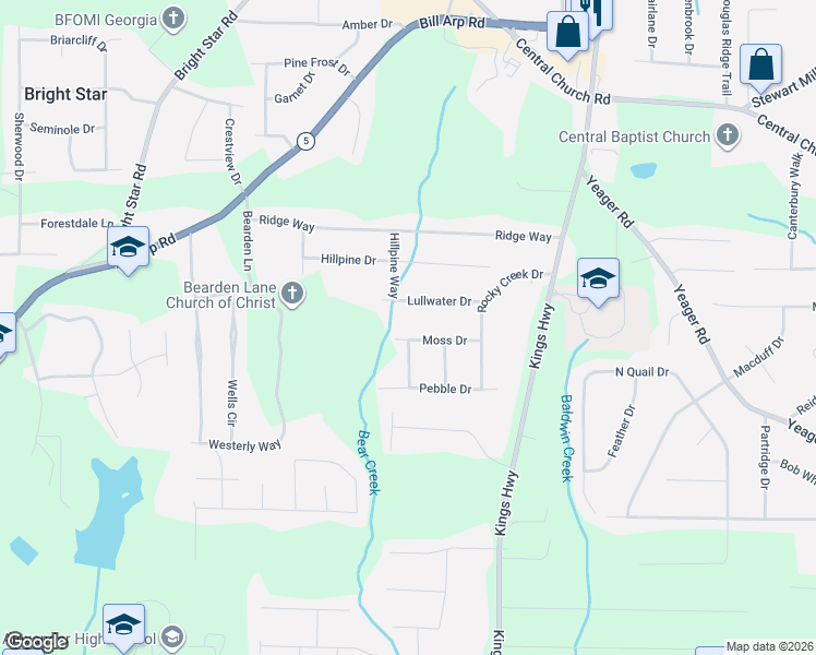 map of restaurants, bars, coffee shops, grocery stores, and more near 6197 Moss Drive in Douglasville