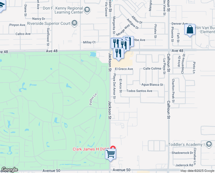 map of restaurants, bars, coffee shops, grocery stores, and more near 48638 Barrymore Street in Indio