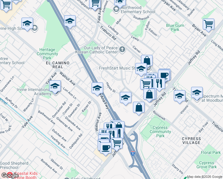 map of restaurants, bars, coffee shops, grocery stores, and more near Hayes in Irvine