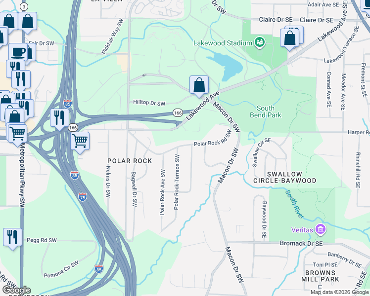 map of restaurants, bars, coffee shops, grocery stores, and more near 189 Polar Rock Road Southwest in Atlanta
