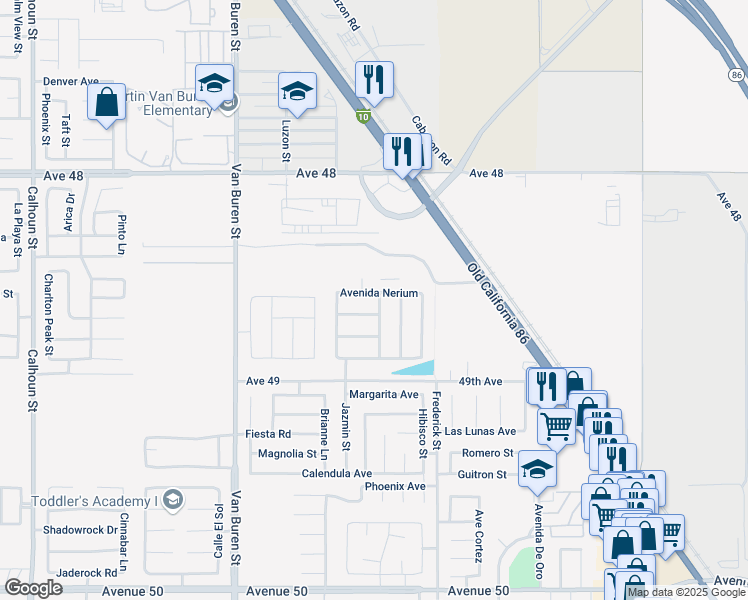 map of restaurants, bars, coffee shops, grocery stores, and more near 84121 Avenida Nerium in Coachella