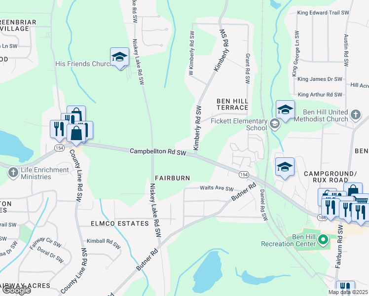 map of restaurants, bars, coffee shops, grocery stores, and more near 4185 Campbellton Road Southwest in Atlanta