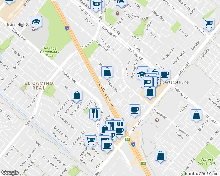 map of restaurants, bars, coffee shops, grocery stores, and more near 600 Hayes Street in Irvine