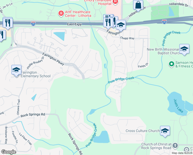 map of restaurants, bars, coffee shops, grocery stores, and more near 4301 Fairington Club Drive in Stonecrest