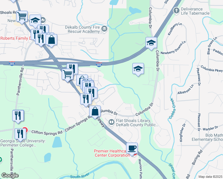 map of restaurants, bars, coffee shops, grocery stores, and more near 2827 Vining Ridge Terrace in Decatur