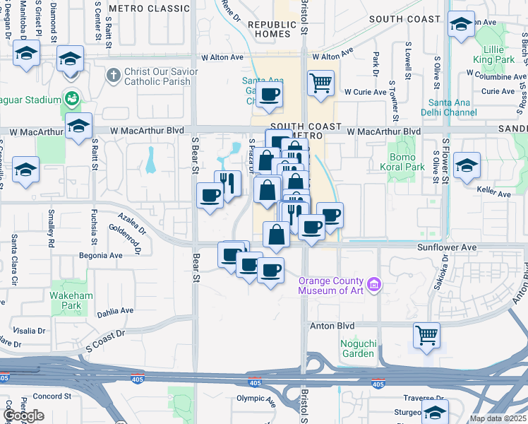 map of restaurants, bars, coffee shops, grocery stores, and more near 3911-3979 S Plaza Dr in Santa Ana