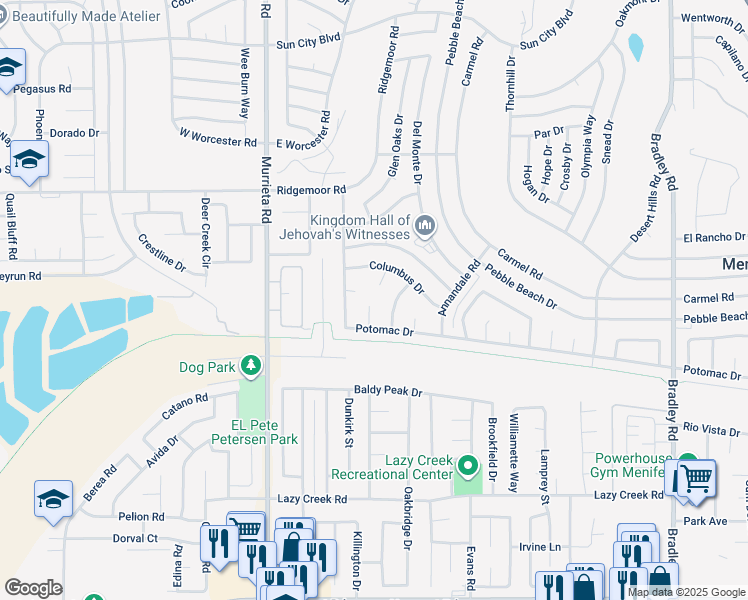 map of restaurants, bars, coffee shops, grocery stores, and more near 29282 Knoll Court in Menifee
