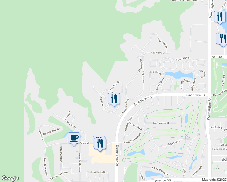 map of restaurants, bars, coffee shops, grocery stores, and more near 77713 Tradition Drive in La Quinta