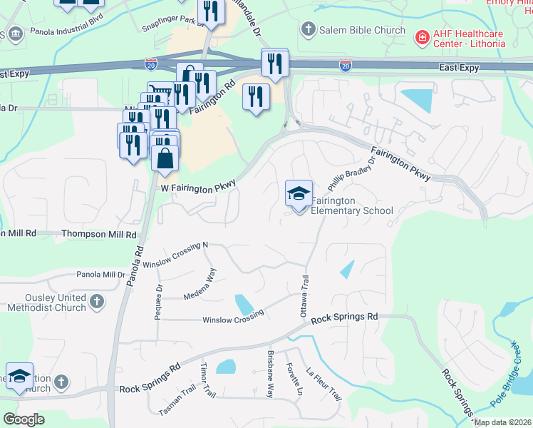 map of restaurants, bars, coffee shops, grocery stores, and more near 3025 Hampton Club Way in Stonecrest