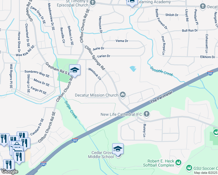 map of restaurants, bars, coffee shops, grocery stores, and more near 3235 Weslock Circle in Decatur