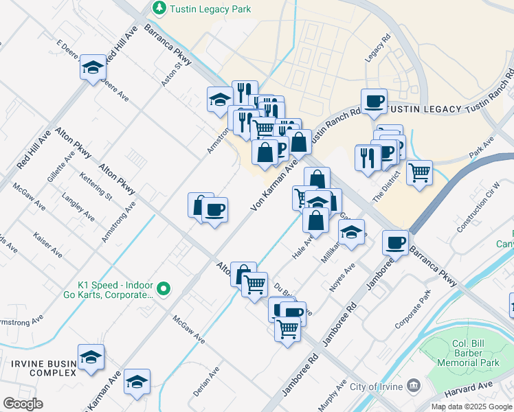 map of restaurants, bars, coffee shops, grocery stores, and more near 16795 Von Karman Avenue in Irvine
