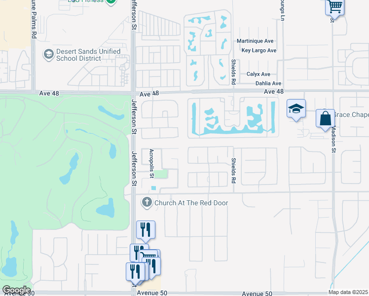 map of restaurants, bars, coffee shops, grocery stores, and more near 48521 Via Carisma in Indio