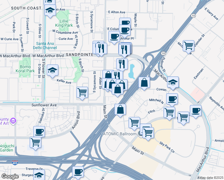 map of restaurants, bars, coffee shops, grocery stores, and more near 3863 Hutton Centre Drive in Santa Ana