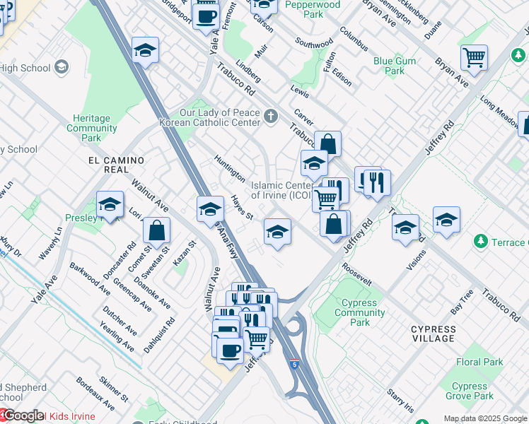 map of restaurants, bars, coffee shops, grocery stores, and more near 1276 Taft Street in Irvine