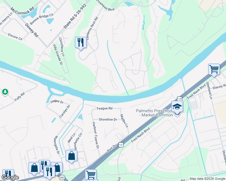 map of restaurants, bars, coffee shops, grocery stores, and more near 698 Riverwalk Drive in Myrtle Beach
