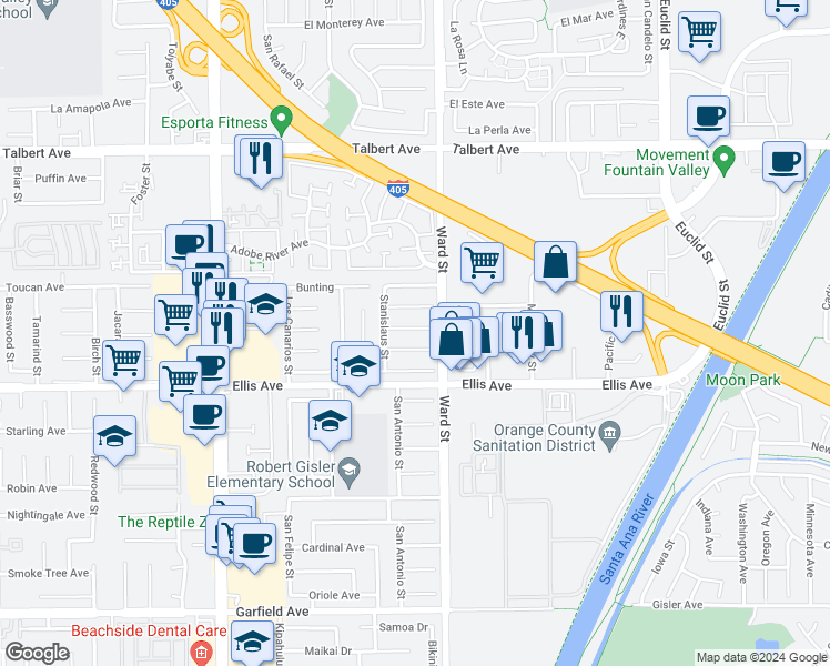 map of restaurants, bars, coffee shops, grocery stores, and more near 10458 Sioux River Circle in Fountain Valley