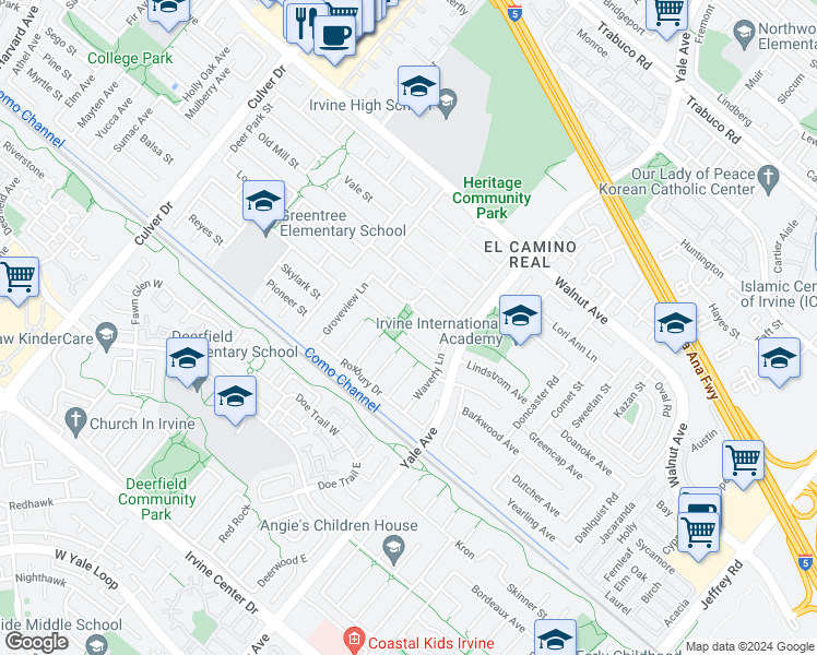 map of restaurants, bars, coffee shops, grocery stores, and more near 4591 Abbotswood Circle in Irvine