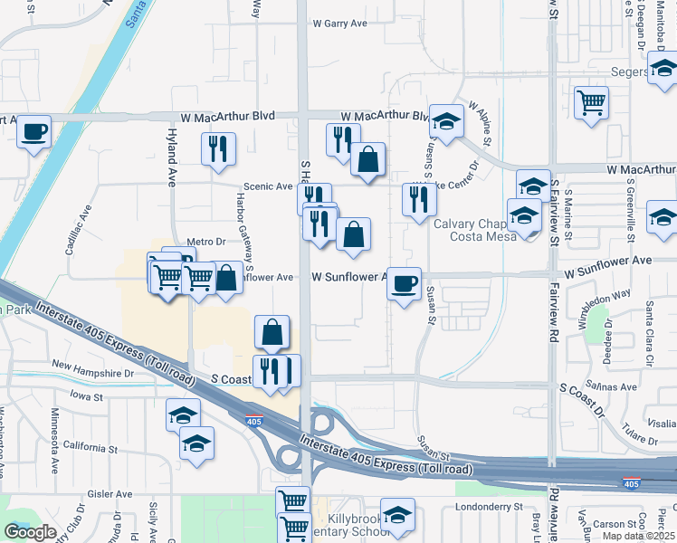 map of restaurants, bars, coffee shops, grocery stores, and more near 3601 West Sunflower Avenue in Santa Ana