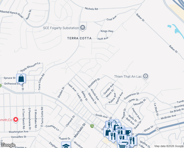 map of restaurants, bars, coffee shops, grocery stores, and more near 4665 Swan Avenue in Lake Elsinore