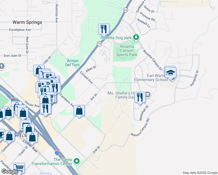 map of restaurants, bars, coffee shops, grocery stores, and more near 29120 Melby Drive in Lake Elsinore