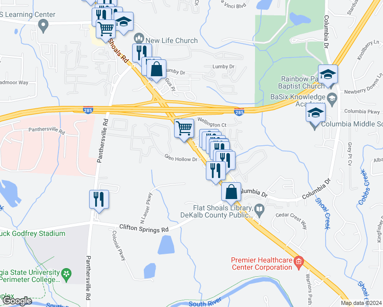 map of restaurants, bars, coffee shops, grocery stores, and more near 3855 Flat Shoals Parkway in Decatur