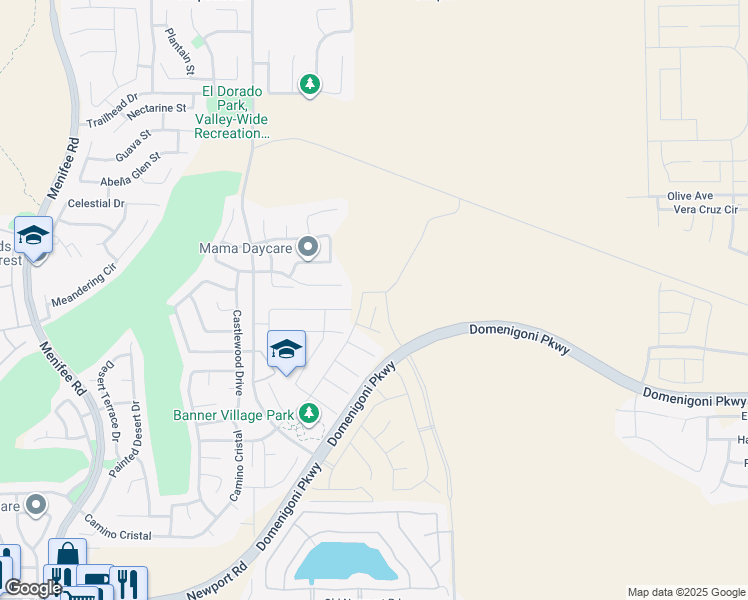 map of restaurants, bars, coffee shops, grocery stores, and more near 29235 Mangrove Circle in Menifee
