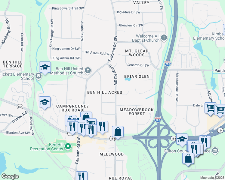 map of restaurants, bars, coffee shops, grocery stores, and more near 2143 Barge Road Southwest in Atlanta