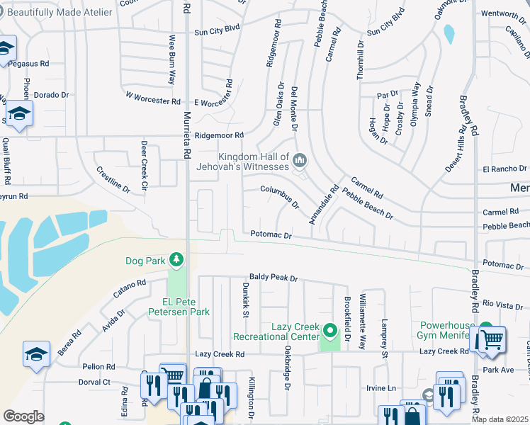 map of restaurants, bars, coffee shops, grocery stores, and more near 29282 Knoll Court in Menifee