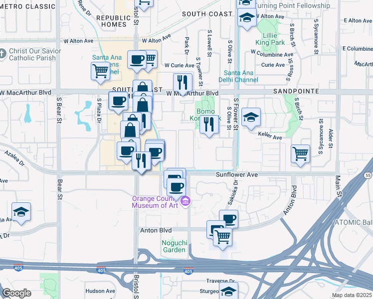 map of restaurants, bars, coffee shops, grocery stores, and more near 1001 West Stevens Avenue in Santa Ana