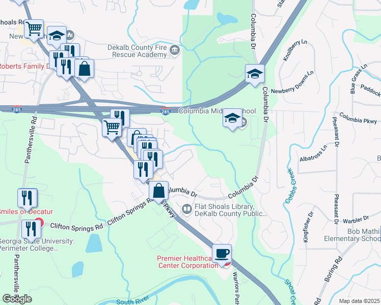 map of restaurants, bars, coffee shops, grocery stores, and more near 2837 Vining Ridge Terrace in Decatur