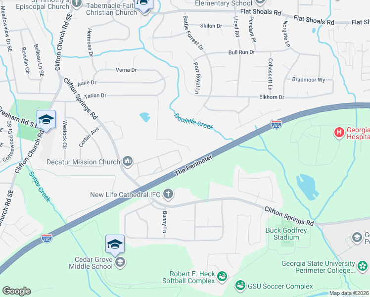 map of restaurants, bars, coffee shops, grocery stores, and more near 3318 Tarian Way in Decatur