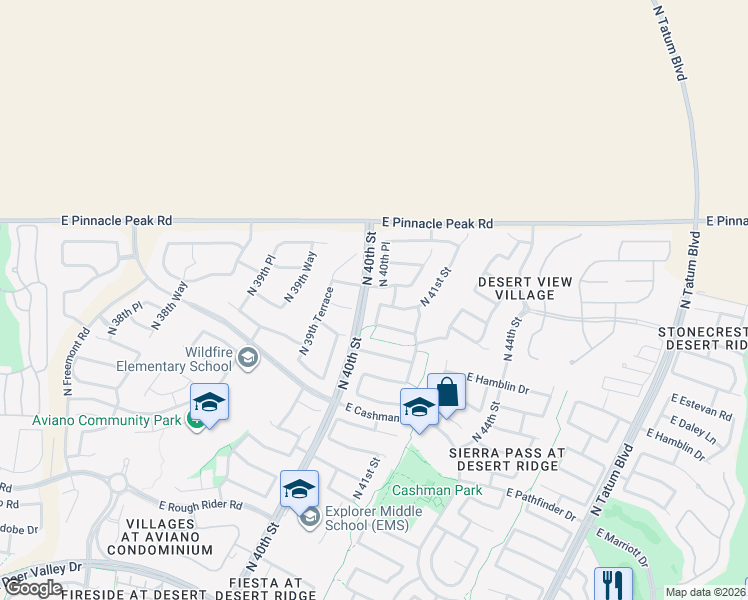 map of restaurants, bars, coffee shops, grocery stores, and more near 23016 North 40th Place in Phoenix