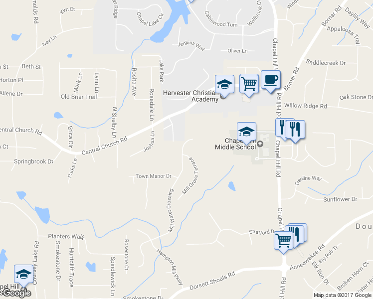 map of restaurants, bars, coffee shops, grocery stores, and more near 4375 Mill Water Cross in Douglasville