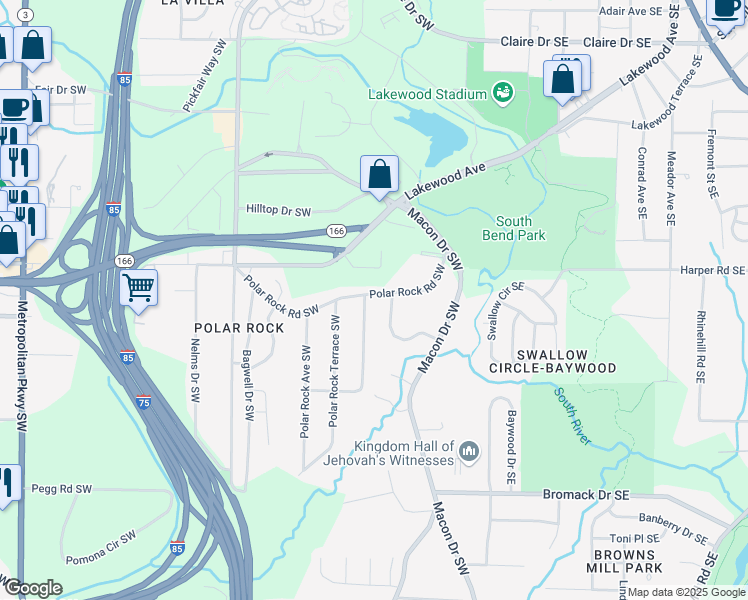 map of restaurants, bars, coffee shops, grocery stores, and more near 136 Polar Rock Road Southwest in Atlanta