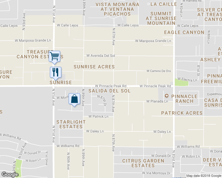 map of restaurants, bars, coffee shops, grocery stores, and more near 8708 West Monte Lindo in Peoria