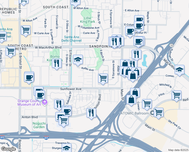 map of restaurants, bars, coffee shops, grocery stores, and more near 3809 South Ross Street in Santa Ana