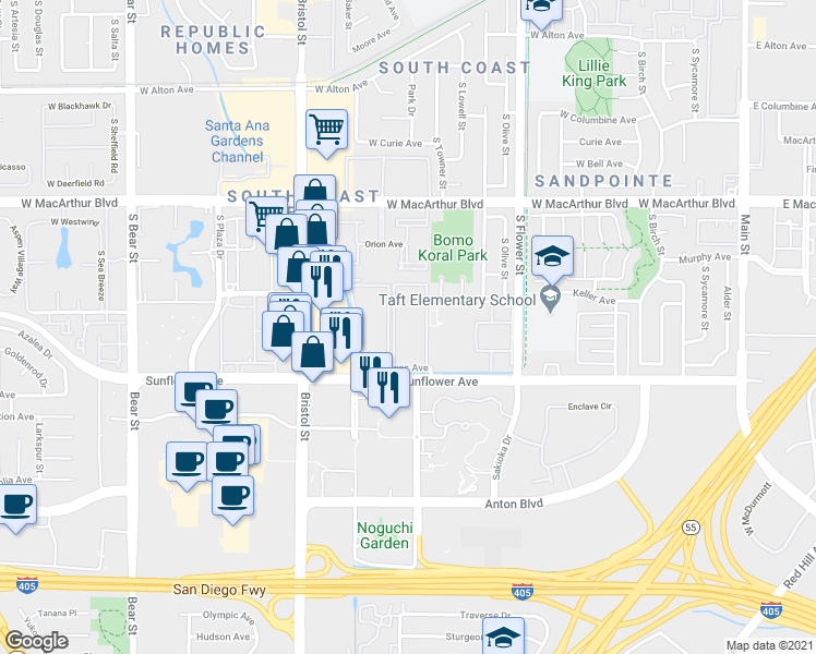 map of restaurants, bars, coffee shops, grocery stores, and more near 1001 West Stevens Avenue in Santa Ana