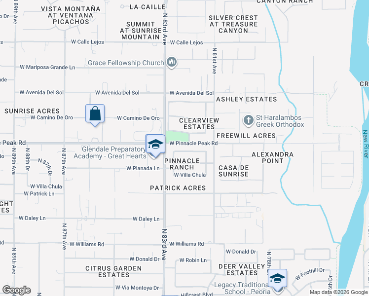 map of restaurants, bars, coffee shops, grocery stores, and more near 8210 West Monte Lindo Lane in Peoria
