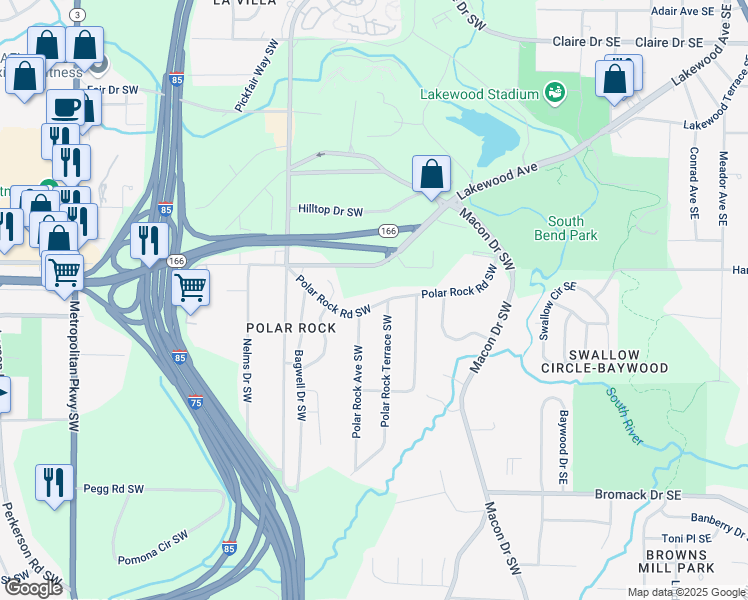 map of restaurants, bars, coffee shops, grocery stores, and more near 195 Polar Rock Road Southwest in Atlanta