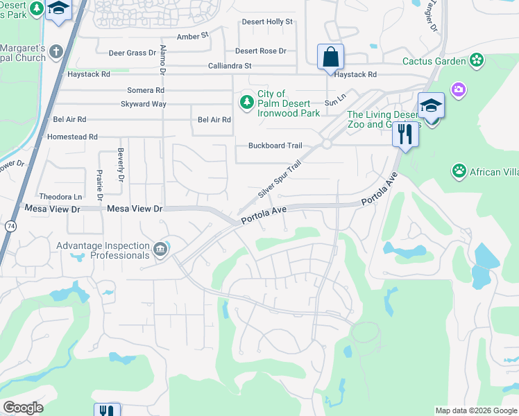 map of restaurants, bars, coffee shops, grocery stores, and more near 48244 Silver Spur Trail in Palm Desert