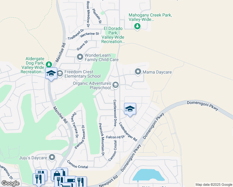 map of restaurants, bars, coffee shops, grocery stores, and more near 29250 Castlewood Drive in Menifee