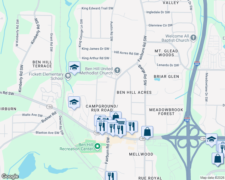 map of restaurants, bars, coffee shops, grocery stores, and more near 2141 Fairburn Road Southwest in Atlanta