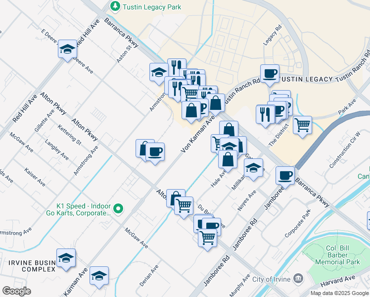map of restaurants, bars, coffee shops, grocery stores, and more near 16702 Von Karman Ave in Irvine