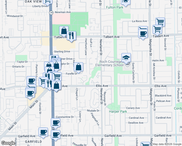 map of restaurants, bars, coffee shops, grocery stores, and more near 18352 Hartlund Lane in Huntington Beach