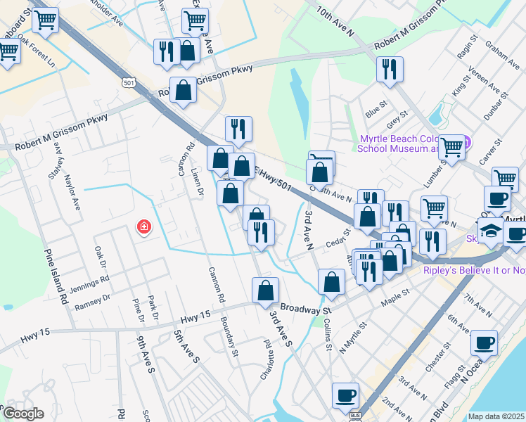map of restaurants, bars, coffee shops, grocery stores, and more near 1264 Pipers Pointe Lane in Myrtle Beach