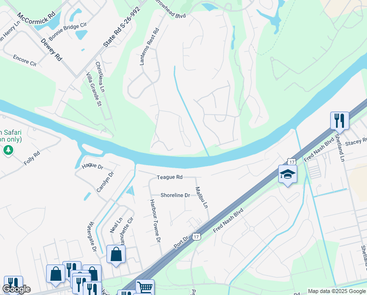 map of restaurants, bars, coffee shops, grocery stores, and more near 698 Riverwalk Drive in Myrtle Beach