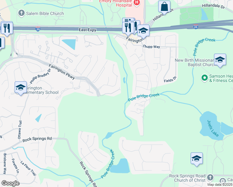 map of restaurants, bars, coffee shops, grocery stores, and more near 5304 Fairington Club Drive in Stonecrest