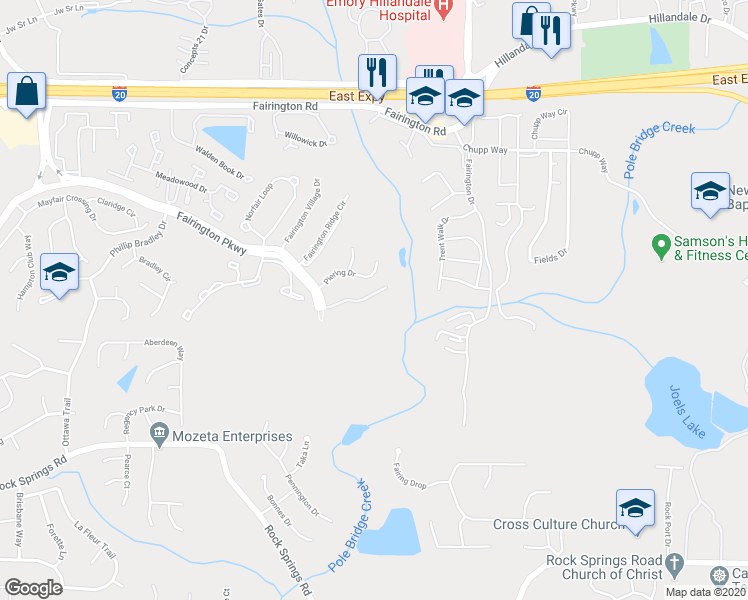 map of restaurants, bars, coffee shops, grocery stores, and more near 5101 Fairington Club Drive in Stonecrest