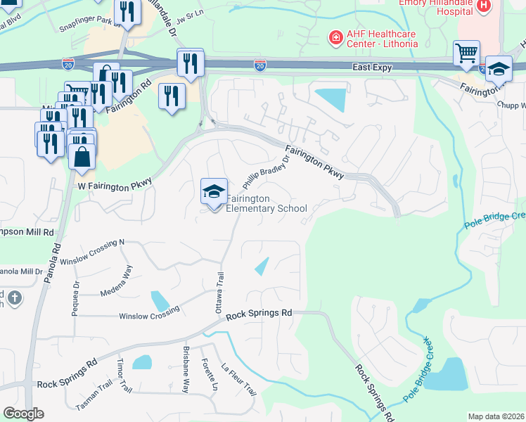 map of restaurants, bars, coffee shops, grocery stores, and more near 5587 Fair Creek Way in Stonecrest