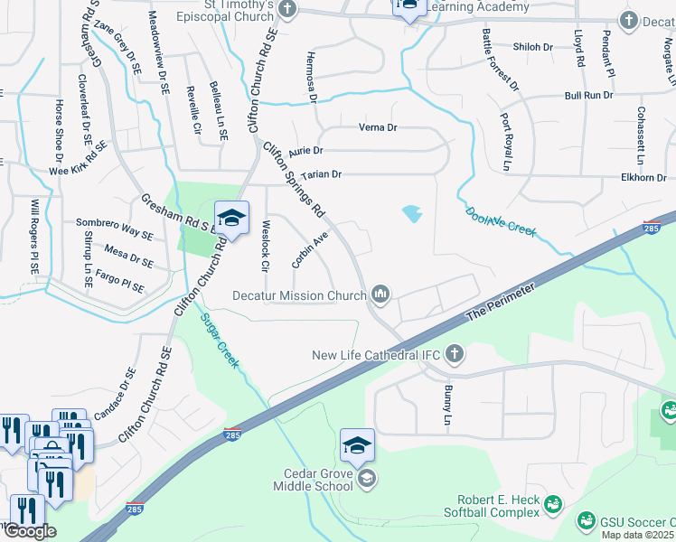 map of restaurants, bars, coffee shops, grocery stores, and more near 3235 Weslock Circle in Decatur